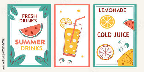 Fresh summer drinks and cold juice banner set, vector