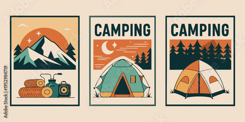 Retro outdoor adventure and camping landscape illustrations, vector