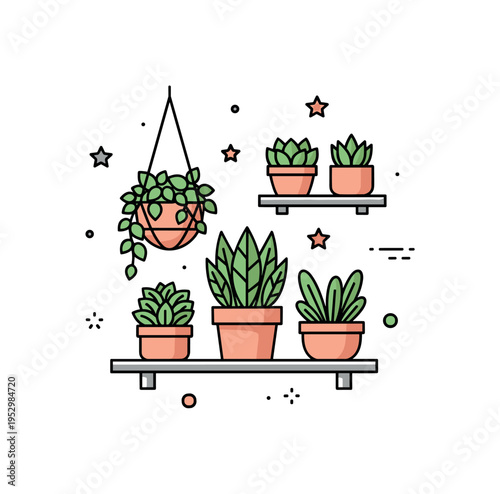 Urban jungle apartment theme built around a cluster of small potted plants arranged on minimal shelves, expressing modern interior trends and love