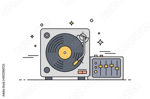 Old vinyl mastering studio turntable with spinning record and stylized tonearm beside a compact console, symbolizing golden era music production. Minimalist