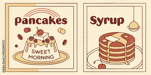 Vintage style pancake and syrup breakfast illustration posters, vector