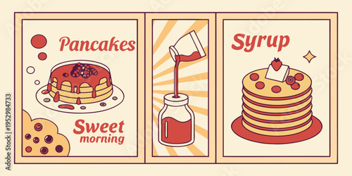 Sweet morning pancakes and syrup posters, vector