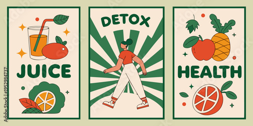 Vintage healthy lifestyle posters for juice and detox, vector