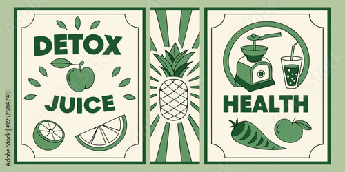 Retro Detox Juice and Health Illustration Posters, vector