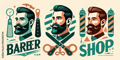 Vintage barber shop logo set with bearded man, vector