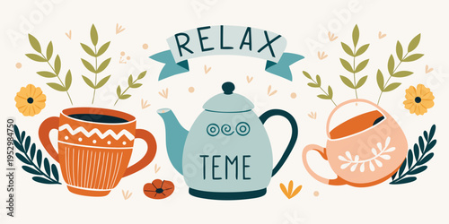 Cozy tea time concept with flowers and teapot, vector