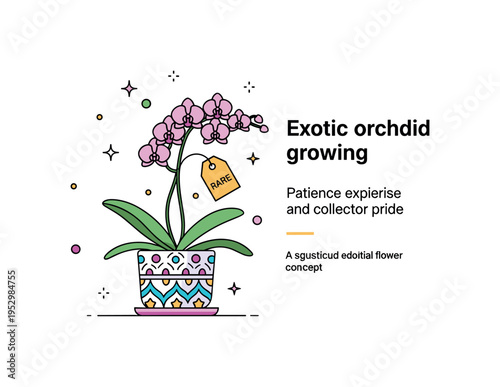 Exotic orchid growing project centered on a delicate blooming orchid in a decorative pot with a tiny tag labeled Rare, expressing patience, expertise, and