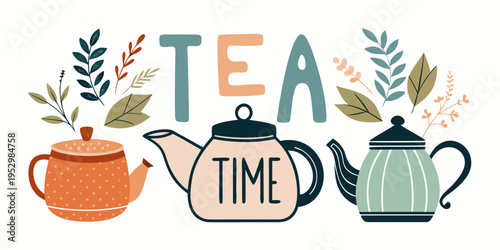 Cozy tea time illustration with teapots and leaves, vector