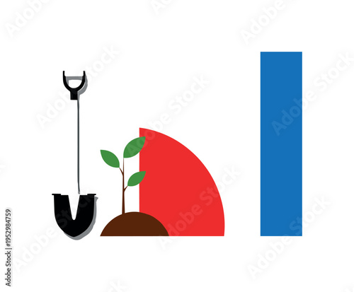 Black and white shovel planted upright beside new sapling, bright red semicircle echoing the curve of the soil mound, blue vertical rectangular