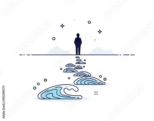 Surreal water surface steps small reflective waves arranged like a path under a calm standing silhouette, conveying dreamlike movement and quiet confidence.