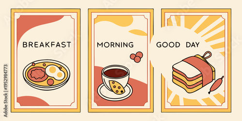 Retro breakfast and morning meal illustration posters, vector