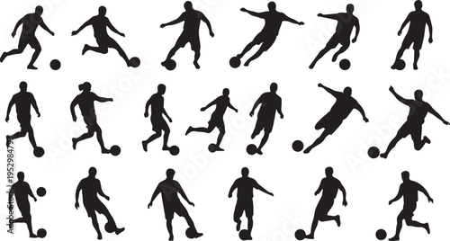 Soccer player silhouette movements and actions in various poses