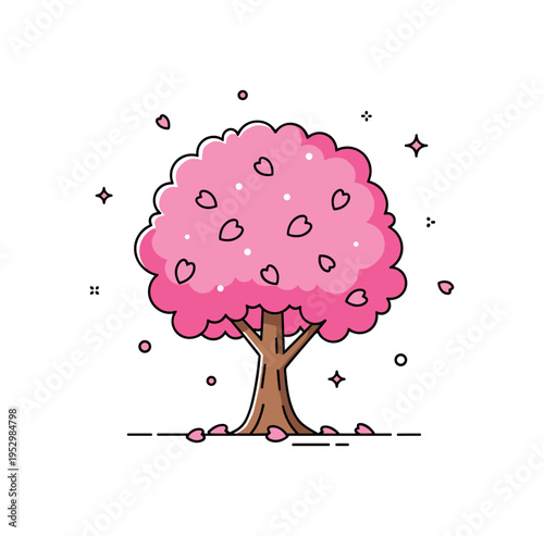 Sakura tree in full bloom compact tree silhouette with rounded pink canopy and scattered petals at the base, expressing abundance and the peak of springtime