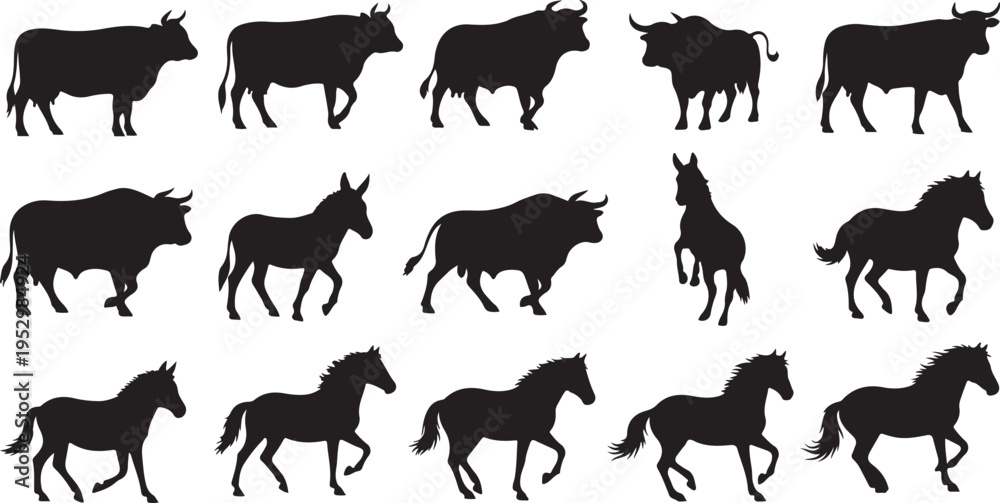 Fototapeta premium Collection of horse and cow silhouette illustrations on white background