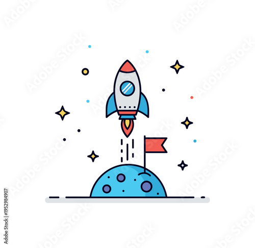 Space conquest concept rocket planting a tiny flag on a simplified planetary surface with star accents, symbolizing exploration, ambition and new frontiers.