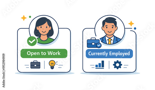 Work status bias concept visualized by comparison cards where an open to work profile stands equally strong beside an employed profile emphasizing fairness and