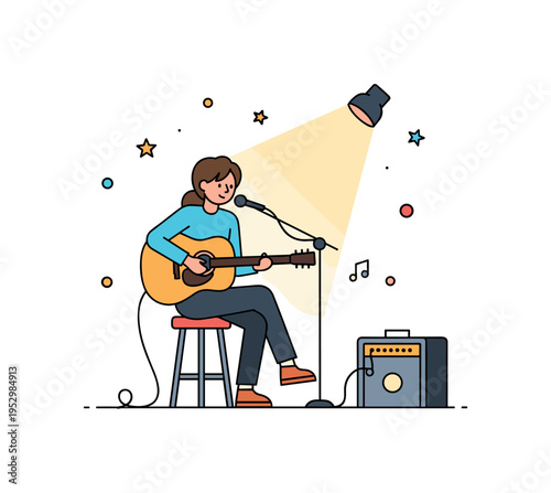 Acoustic concert moment singer seated on a stool with guitar under a single warm spotlight, expressing intimacy and emotional connection with the audience.