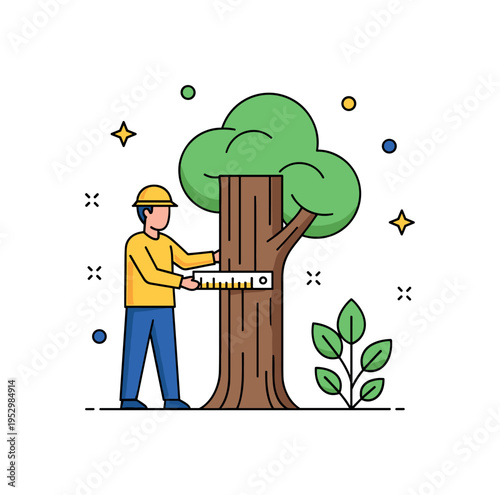Forest ecologist collecting data concept featuring a researcher measuring a tree trunk with a small ruler icon, symbolizing growth tracking and sustainable