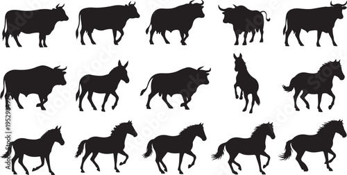 Collection of horse and cow silhouette illustrations on white background