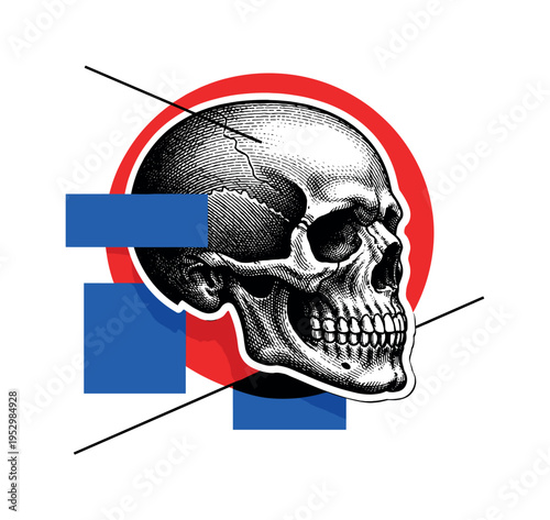 Black and white side-profile skull engraving with detailed shading lines, intersected by bold red circular outline and abstract blue rectangular blocks,