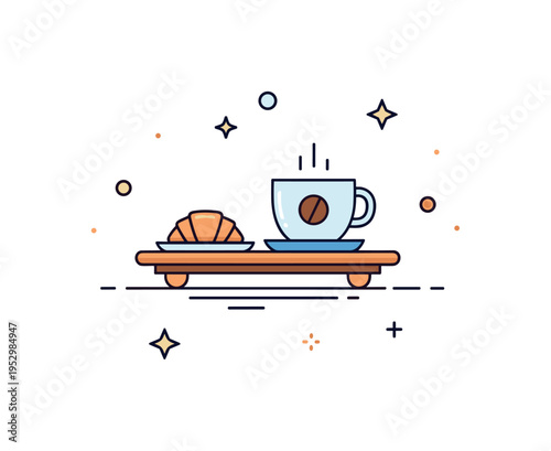 Waiter tray breakfast service concept featuring a tray carrying a small croissant and coffee cup icon arranged neatly. A warm and inviting visual metaphor of