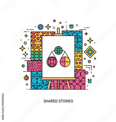 Cultural representations in visual art symbolic diversity concept illustrated by a central canvas displaying layered patterns inspired by different global