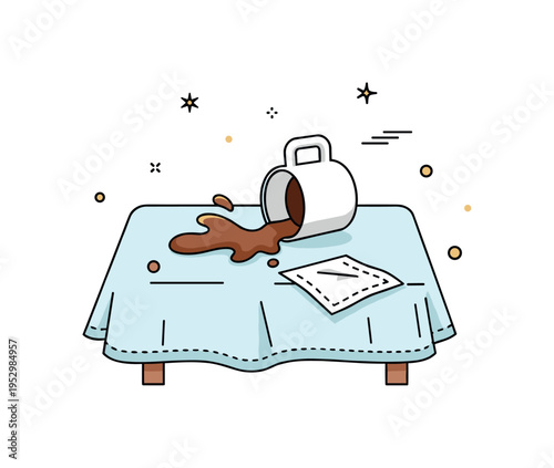 Coffee spill on tablecloth round mug tipped slightly with a brown splash spreading across light fabric and a small napkin nearby, expressing morning rush and