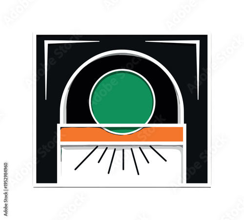 Black and white grand proscenium arch simplified into bold geometric frame, vivid emerald green circle centered within stage opening, bright orange rectangular