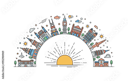 World landmarks iconic architecture collection arranged in a semicircle around a rising sun accent. The scene conveys optimism, inspiration, and admiration for