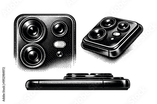 Smartphone camera module A detailed smartphone camera bump with multiple lenses and flash elements shown close-up, angled, and side profile views as one object