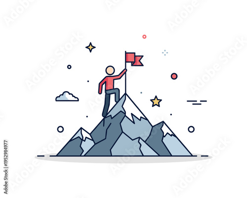 Mountain summit conquest climber silhouette raising a small flag at the peak of a stylized mountain, expressing achievement, perseverance and personal victory.