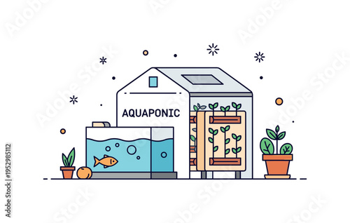 Aquaponic greenhouse simple greenhouse outline containing fish tank and vertical plant beds, expressing integrated farming solutions for year round production.
