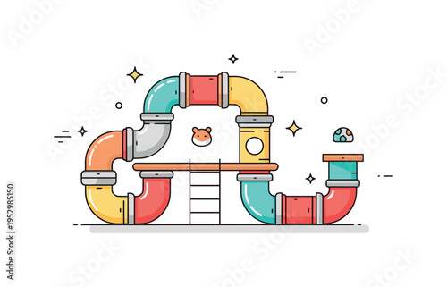 DIY hamster playground modular playpen with interconnected plastic tubes and a tiny ladder leading to a platform, symbolizing active play and mental