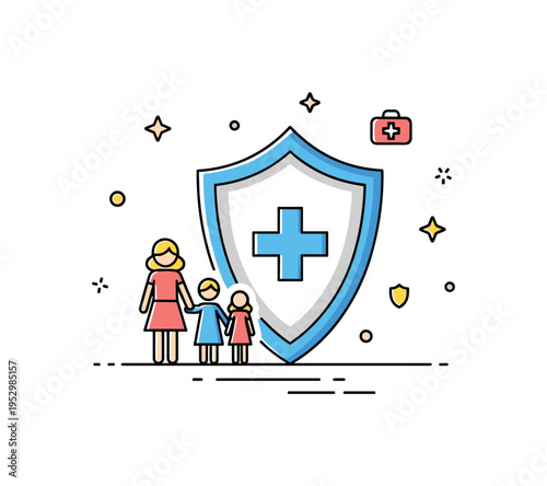 Health insurance coverage concept featuring a protective shield enclosing a small family silhouette and medical cross. The composition conveys security,