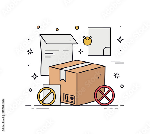 Zero waste shipping parcel compact scene with cardboard box surrounded by minimal packing paper and no plastic elements, expressing environmentally mindful