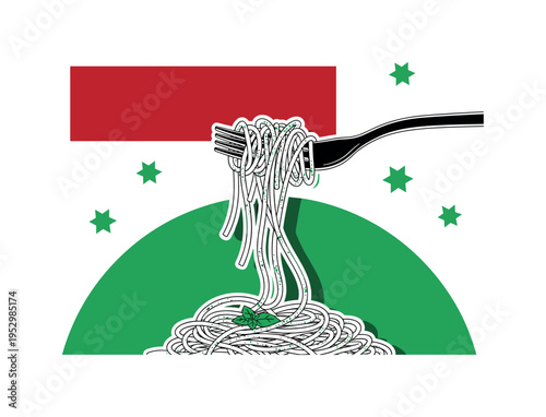 Black and white fork lifting pesto-coated spaghetti strands, oversized vibrant green semicircle beneath the fork, deep red geometric rectangle balancing the