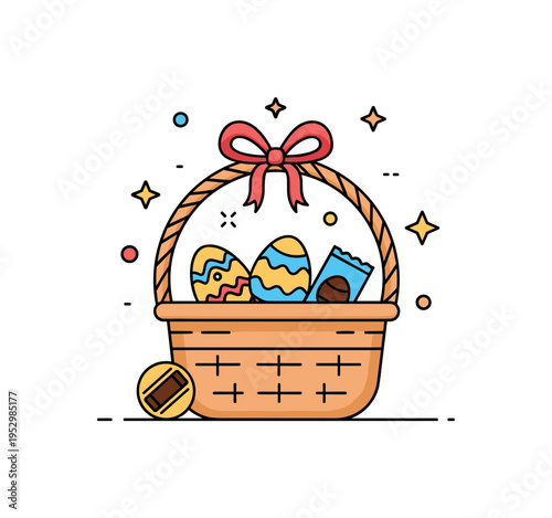 Easter basket gift arrangement featuring a ribbon tied basket with eggs and a small chocolate icon, conveying generosity, surprise, and family delight. A
