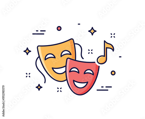 Theater performances musical production concept featuring a stage mask icon paired with a small musical note accent beside it. A lively visual metaphor of