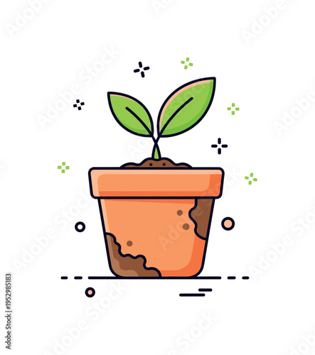 Repurposed plant container illustrated as a modestly worn pot with subtle dirt smudges and a bright sprouting leaf emerging confidently. A compact visual badge