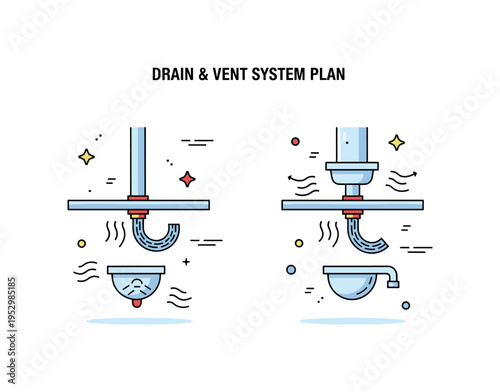 Drain and vent system plan compact schematic showing vertical vent stack and horizontal drain connections beneath fixture icons, symbolizing airflow management