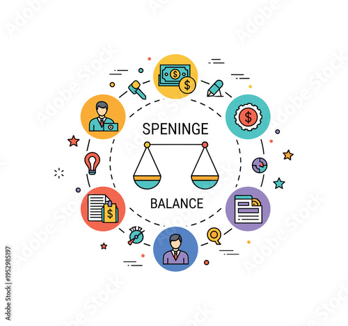 Personal finance management digital interface with categorized spending icons arranged around a central balance figure, conveying insight, budgeting and