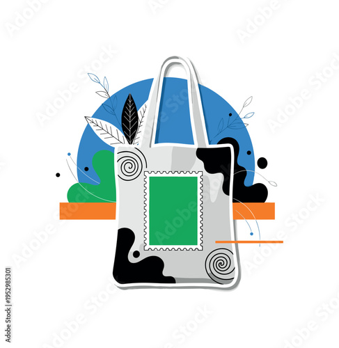 Black and white reusable tote bag with centered green stamp-style label, bright blue semicircle behind the bag and orange horizontal equal bar crossing subtly