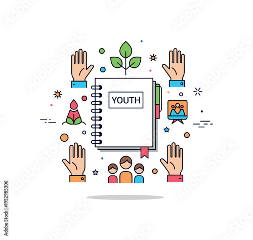 Youth art program illustration featuring a central sketchbook surrounded by small hand icons symbolizing mentorship, growth, and community support. Clean