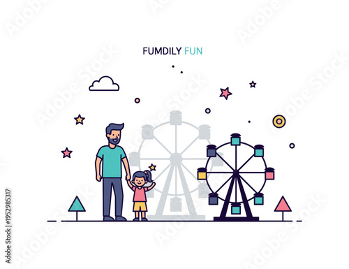 Family fun amusement park memory illustrated by parents and child standing beside a small Ferris wheel silhouette. The composition conveys excitement, shared
