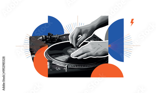 Black and white realistic DJ setup placed on sand with small speakers, cut-out layered collage style, bold teal semicircle intersecting the upper layout