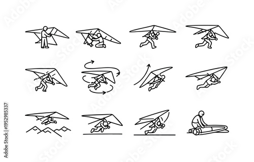 Hang Gliding Actions. Line icon set of Hang Gliding Actions: preflight check, wing assembly, pilot running launch, airborne glide, turning maneuver, thermal