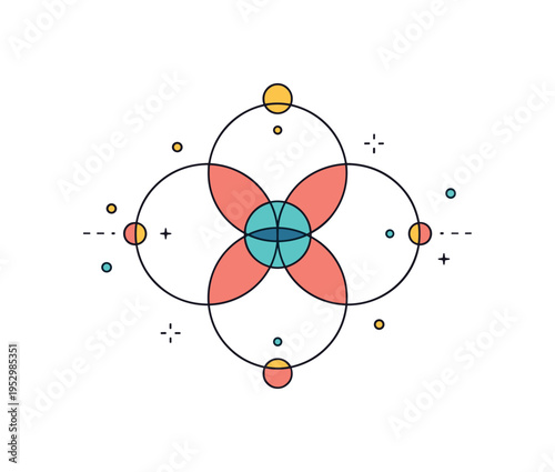 Sacred geometry symbol with overlapping circles forming a harmonious pattern that conveys balance, unity, and cosmic structure. Light spark elements and soft