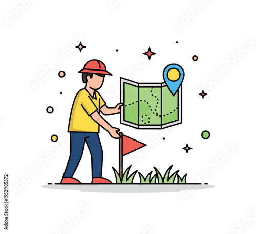 Field survey ecologist scene showing a researcher placing a small flag marker in grass while referencing a map icon, expressing systematic observation and data