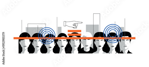 Black and white diverse faces arranged in a perfect circle forming a human equality symbol, bright blue geometric circle enclosing them, minimal red accent