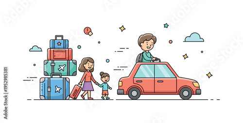 Family heading to the airport with a single car as the main focus and stacked luggage icons suggesting vacation plans. Small motion lines emphasize movement